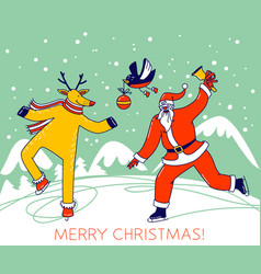 Santa Claus And Reindeer Skating On Frozen Pond