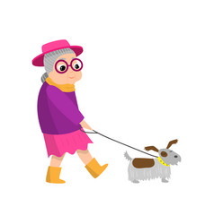 Cute Senior Woman With Pink Hat Walking Dog