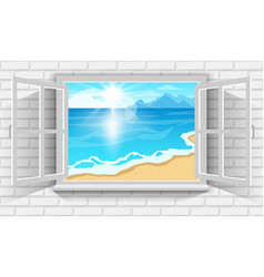 Sandy Beach By Sea Through View Of Open Window