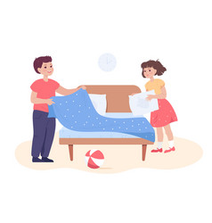 Cute Children Making Bed Together