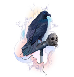 Black Bird Raven Sit On Microphone Shape Skull