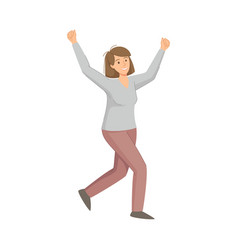 Happy Woman Character With Raised Hand Cheering