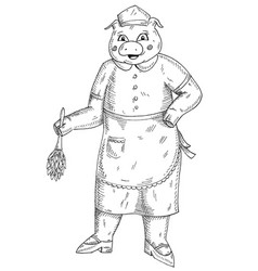 Pig Is Dressed In Maid Costume And Wipes Dust