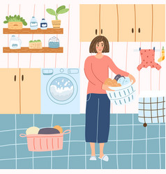 Happy Woman In Laundry With Basket Full