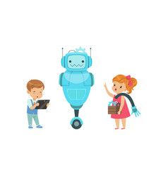 Cute Boy And Girl Creating Robot Model Set Kids