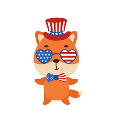 Cute Little Fox In Usa Patriotic Hat And Glasses