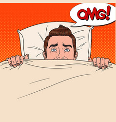 Pop Art Shocked Man Hiding In Bed Scared Guy