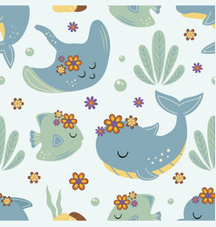 Seamless Pattern With Whale Dolphin Ramp Fish