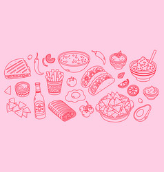 Trendy Mexican Food Line Art In Pink Colors