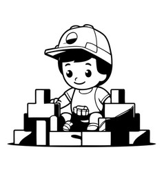 Cute Little Boy Construction Worker With Bricks