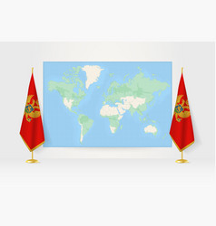 World Map Between Two Hanging Flags Of Montenegro