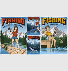 Set Of Vintage Fishing Posters With Pin Up Girls