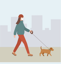 A Girl In Medical Mask Walks With Dog