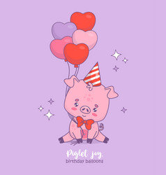 Cute Happy Pig In Birthday Cap With Balloons