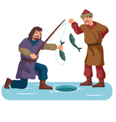 Two Men Are Ice Fishing Mongolian Medieval