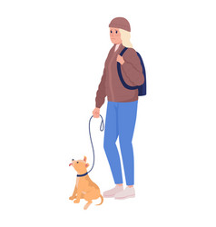 Sad Young Woman With Dog On Leash Semi Flat Color