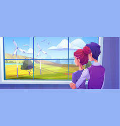 Couple Looking At Window At Wind Turbines