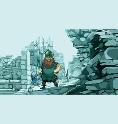 Cartoon Viking With An Ax In The Stone Ruins