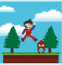 Video Game Warrior Jumping In Pixelated Scene