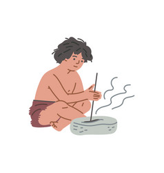 Stone Age Boy Making Fire With Rock And Stick