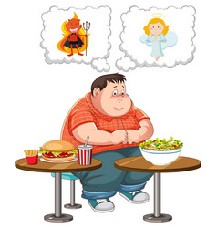 Overweight Man Fighting Between Eating Healthy Or