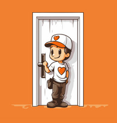 A Boy Standing In Front Of An Open Door