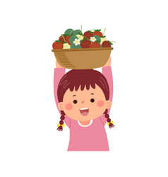 Girl Carrying Basket Full Of Ripe Strawberries