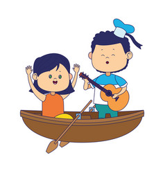 Happy Girl And Boy Singing In Wooden Canoe