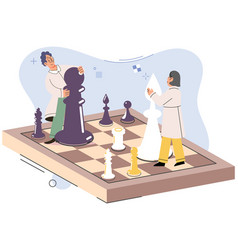 Man And Woman Playing Chess Stand On Chessboard