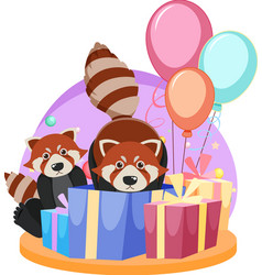 Two Red Pandas With Gift Boxes And Balloons