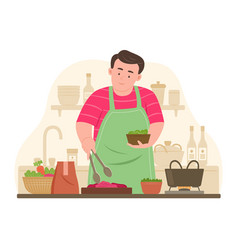 Chubby Man Cooking In Kitchen