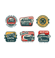 Auto Service And Repair Badges With Retro Car