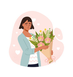 Smiling Woman Holding A Bouquet Of Flowers