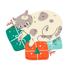 Funny Cat With Christmas Gifts Cartoon Animal