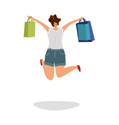 Happy Shopper Young Woman Jumping With Gift Bags