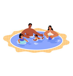 Family With Kids Swim In Public Outdoor Swimming