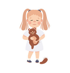 Little Sad Girl Holding Teddy Bear With Ripped Paw