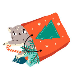 Funny Cat Inside Bag With Christmas Gifts Cartoon