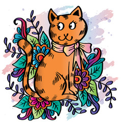 Cute Cat Cartoon With Floral Element