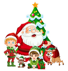 Santa With Elves And Reindeer By Christmas Tree