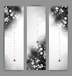 Three Banners With Sakura Cherry Flowers On Dark