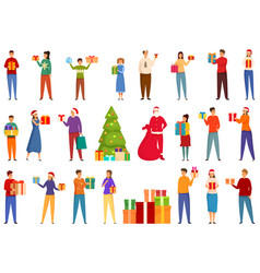 People Give Christmas Presents Icons Set Cartoon