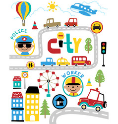 Set Of Cityscape Elements Cartoon With Funny Cop