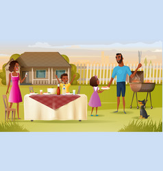 Family Barbecue Party On House Yard Cartoon