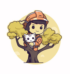 Cute Boy With A Cat On The Tree