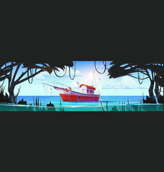 Cartoon Jungle Pond Water With Fishing Boat