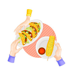 Hands Taking Stuffed Tortilla On Plate Above View