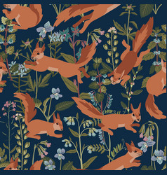 Seamless Pattern With Flowers And Squirrels