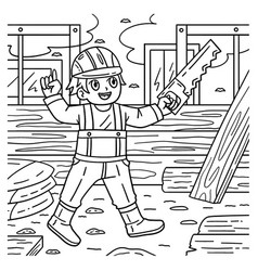 Construction Worker With Hand Saw Coloring Page