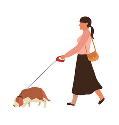 Woman Walking A Dog Young Girl Goes For Walk